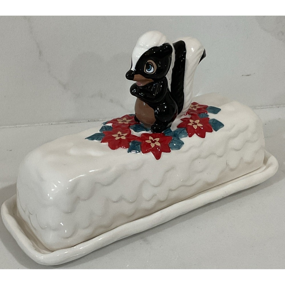 Disney Parks Bambi Flower Skunk Ceramic Butter Dish Christmas Holiday Retro